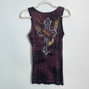 Sinful by Affliction Women Rhinestone Cross Graphic Tank Top Grunge Goth L